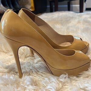 Jimmy Choo patent leather peep toe platform pumps